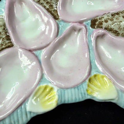 Antique Victorian French Majolica Crescent Oyster Plate Pink Turquoise, A1143