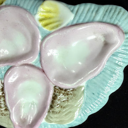 Antique Victorian French Majolica Crescent Oyster Plate Pink Turquoise, A1143