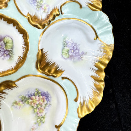 Antique Hand Painted Nippon Oyster Plate Floral Gold Gilt Porcelain 9" A1166