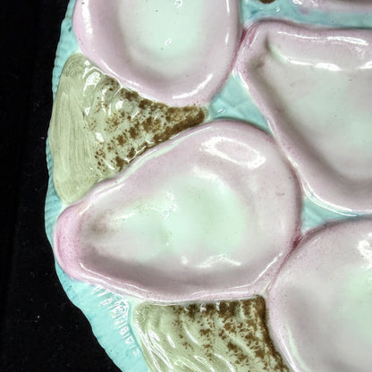Antique Victorian French Majolica Crescent Oyster Plate Pink Turquoise, A1143