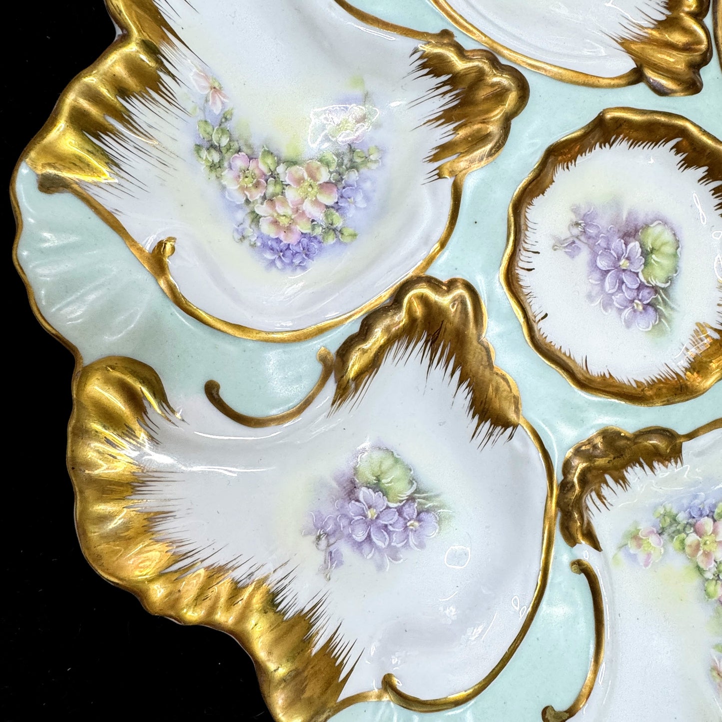 Antique Hand Painted Nippon Oyster Plate Floral Gold Gilt Porcelain 9" A1166