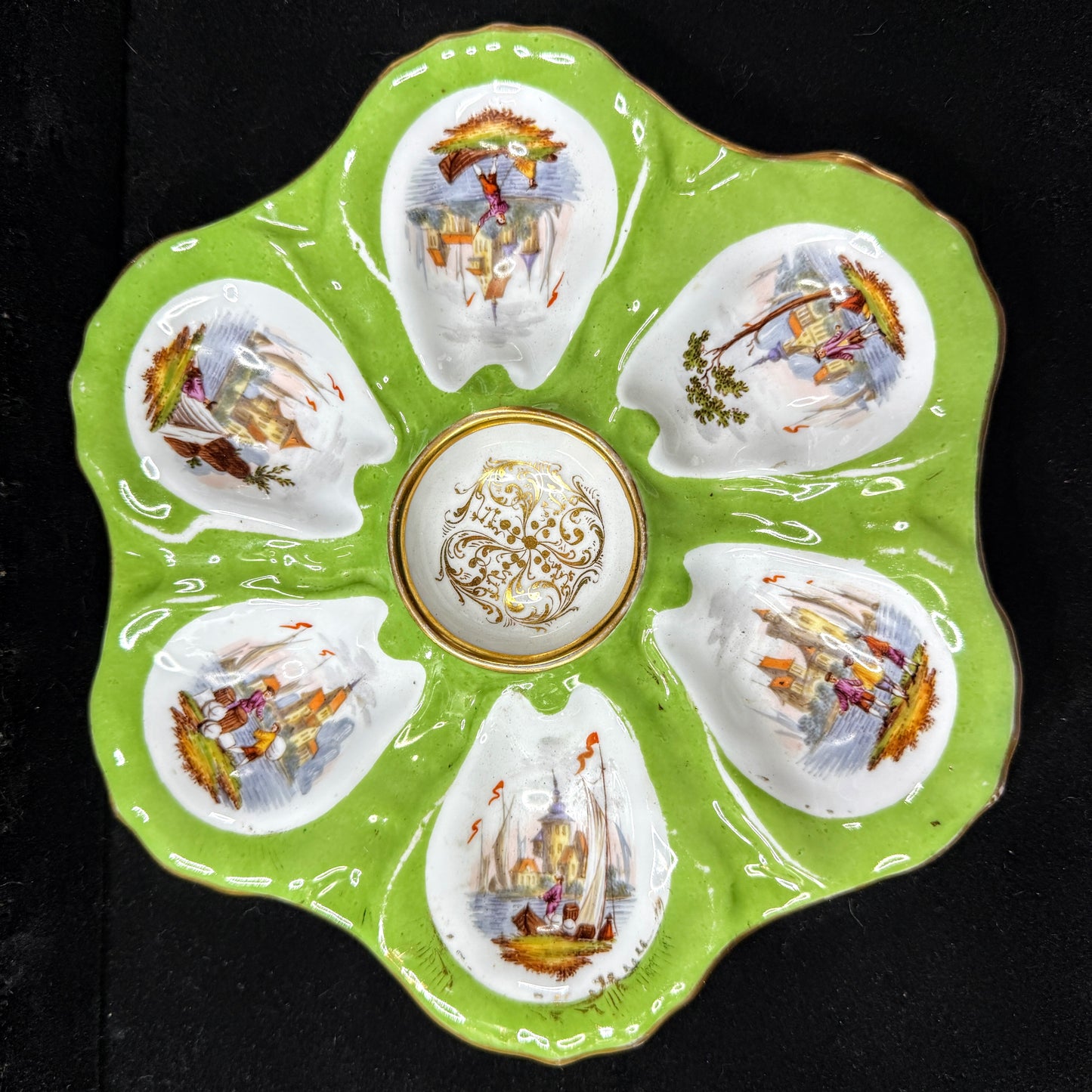 Antique 1900 French Porcelain Oyster Plate Green Maritime Scenes Gold Trim A1144