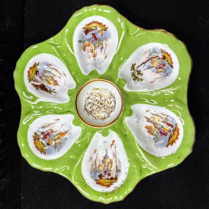 Antique 1900 French Porcelain Oyster Plate Green Maritime Scenes Gold Trim A1144