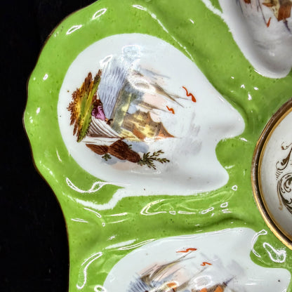 Antique 1900 French Porcelain Oyster Plate Green Maritime Scenes Gold Trim A1144