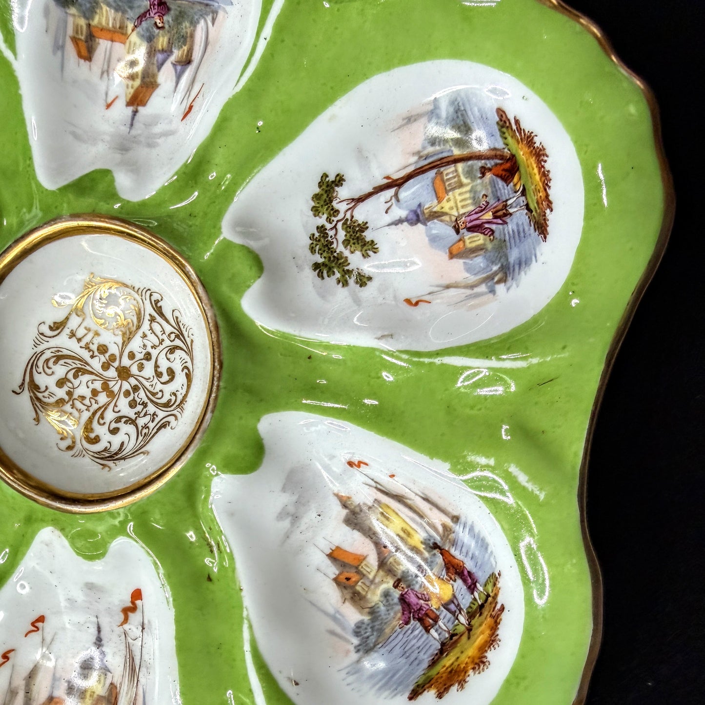 Antique 1900 French Porcelain Oyster Plate Green Maritime Scenes Gold Trim A1144