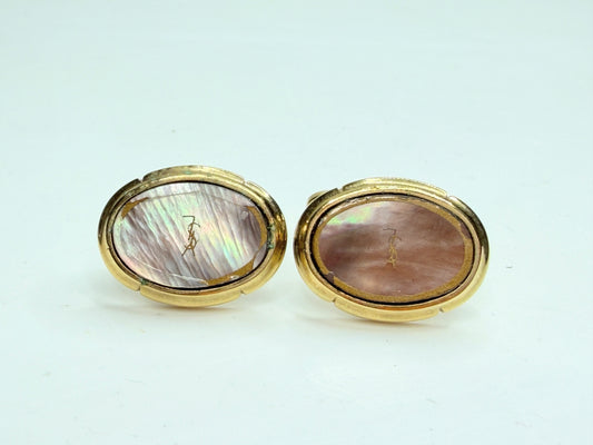 Saint Laurent Oval Mother of Pearl Gold Tone Vintage Cufflinks GS722