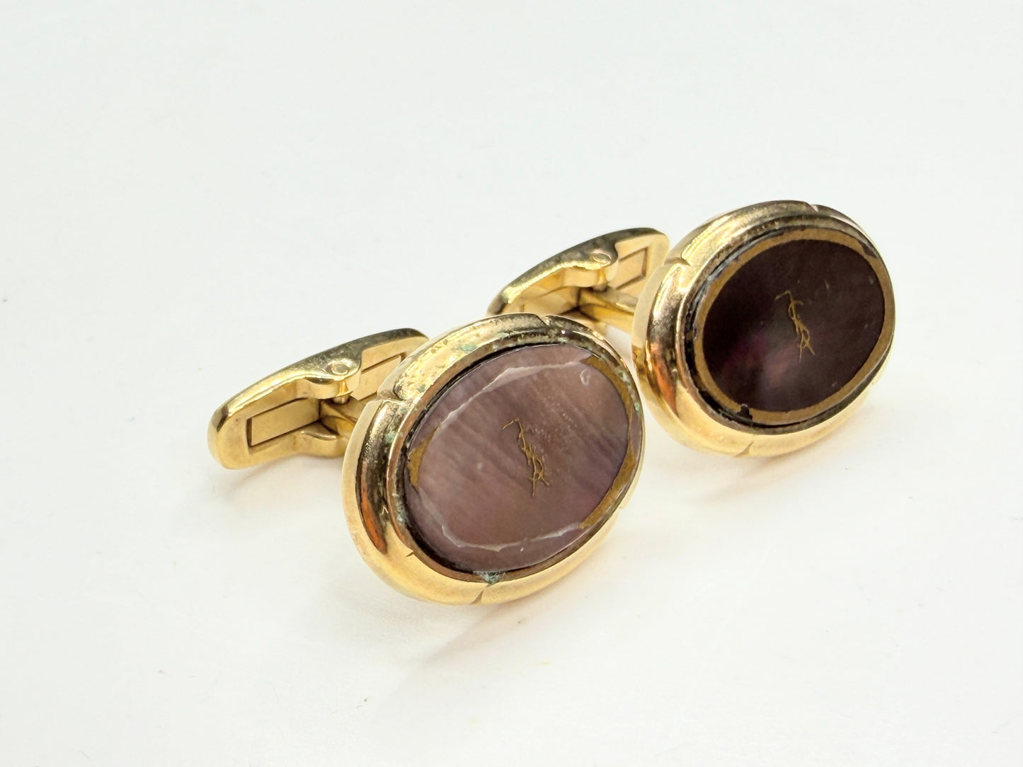 Saint Laurent Oval Mother of Pearl Gold Tone Vintage Cufflinks GS722