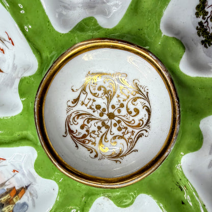 Antique 1900 French Porcelain Oyster Plate Green Maritime Scenes Gold Trim A1144