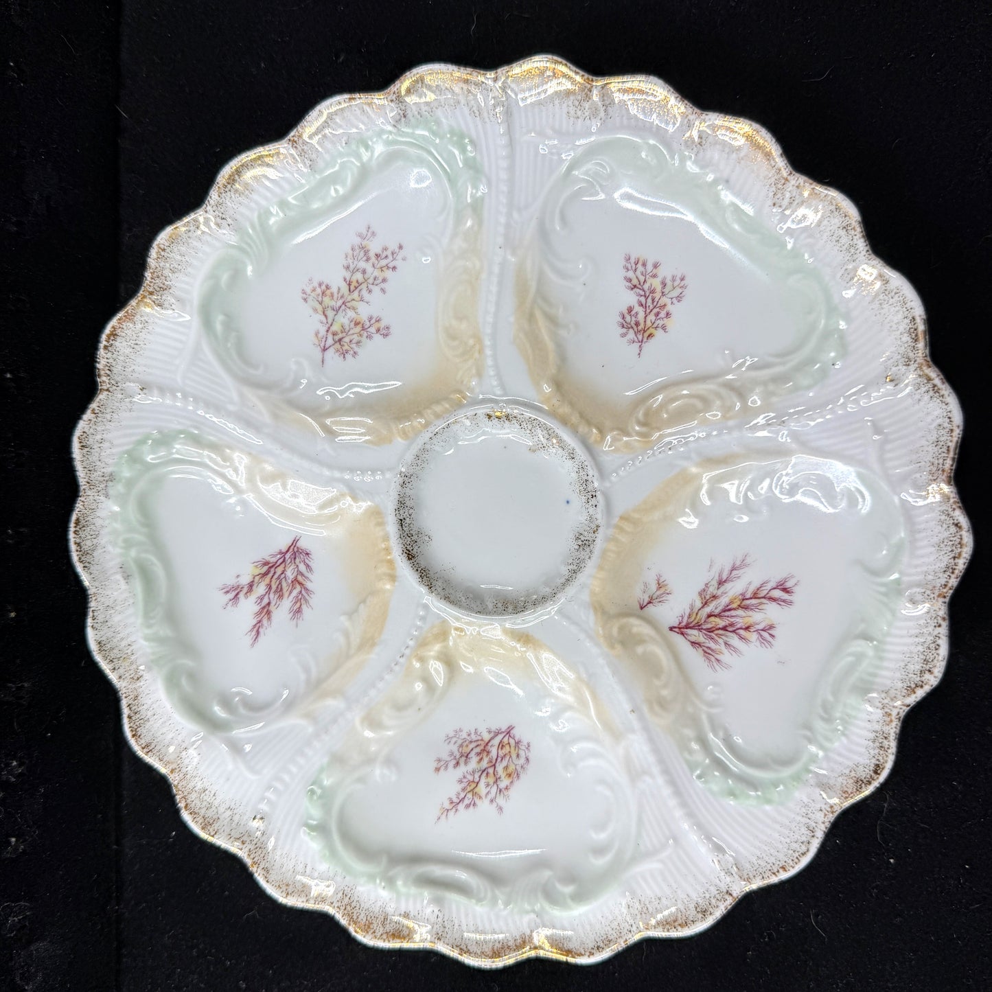 Antique Weimar Germany Porcelain Oyster Plate Seaweed Floral Gilt Rim A1145