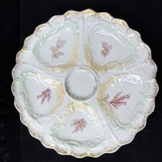 Antique Weimar Germany Porcelain Oyster Plate Seaweed Floral Gilt Rim A1145