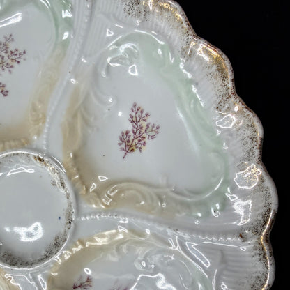 Antique Weimar Germany Porcelain Oyster Plate Seaweed Floral Gilt Rim A1145