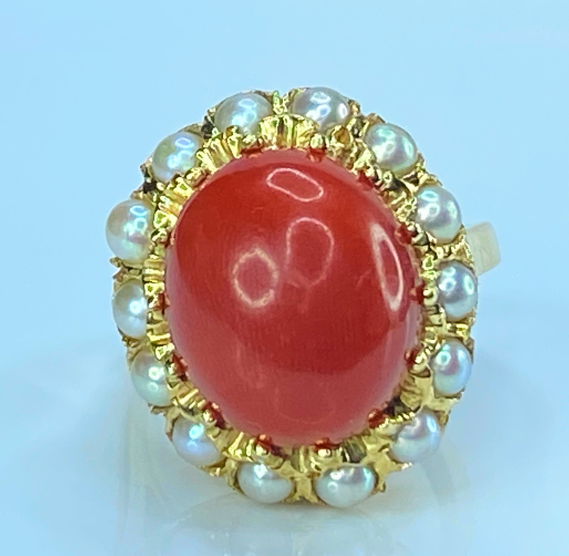 Art Deco 18K gold Coral Cabochon cultured seed Pearl ring