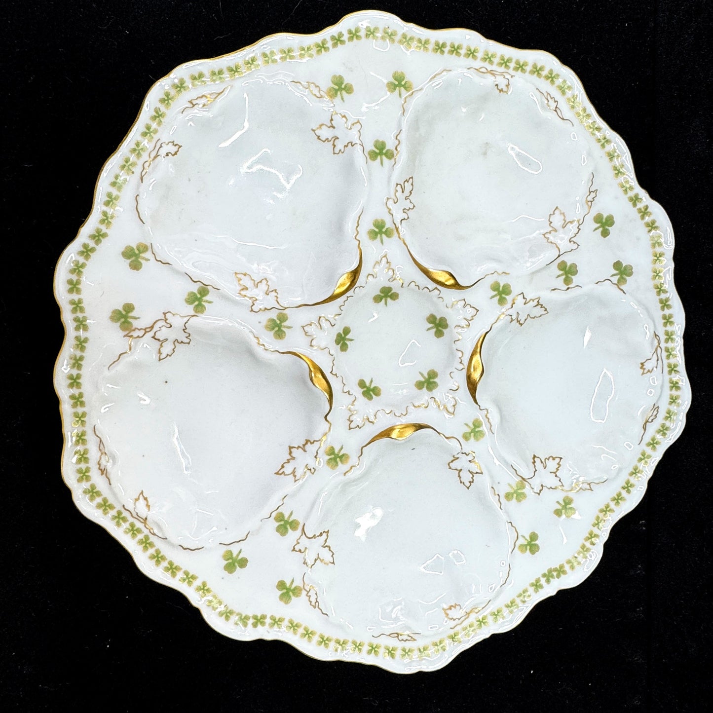 Antique T&V Limoges Venice Shamrock Five-Well Gilt Porcelain Oyster Plate A1168