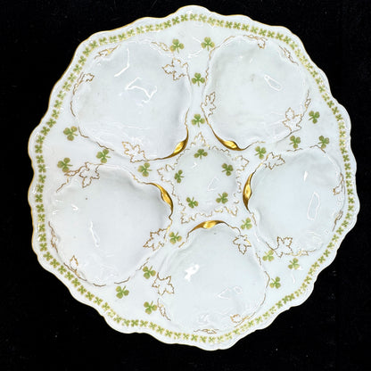 Antique T&V Limoges Venice Shamrock Five-Well Gilt Porcelain Oyster Plate A1168