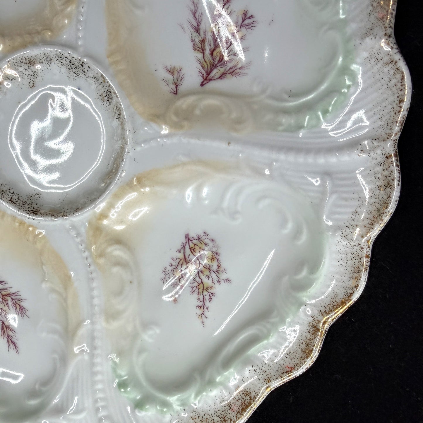 Antique Weimar Germany Porcelain Oyster Plate Seaweed Floral Gilt Rim A1145