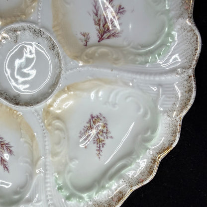 Antique Weimar Germany Porcelain Oyster Plate Seaweed Floral Gilt Rim A1145
