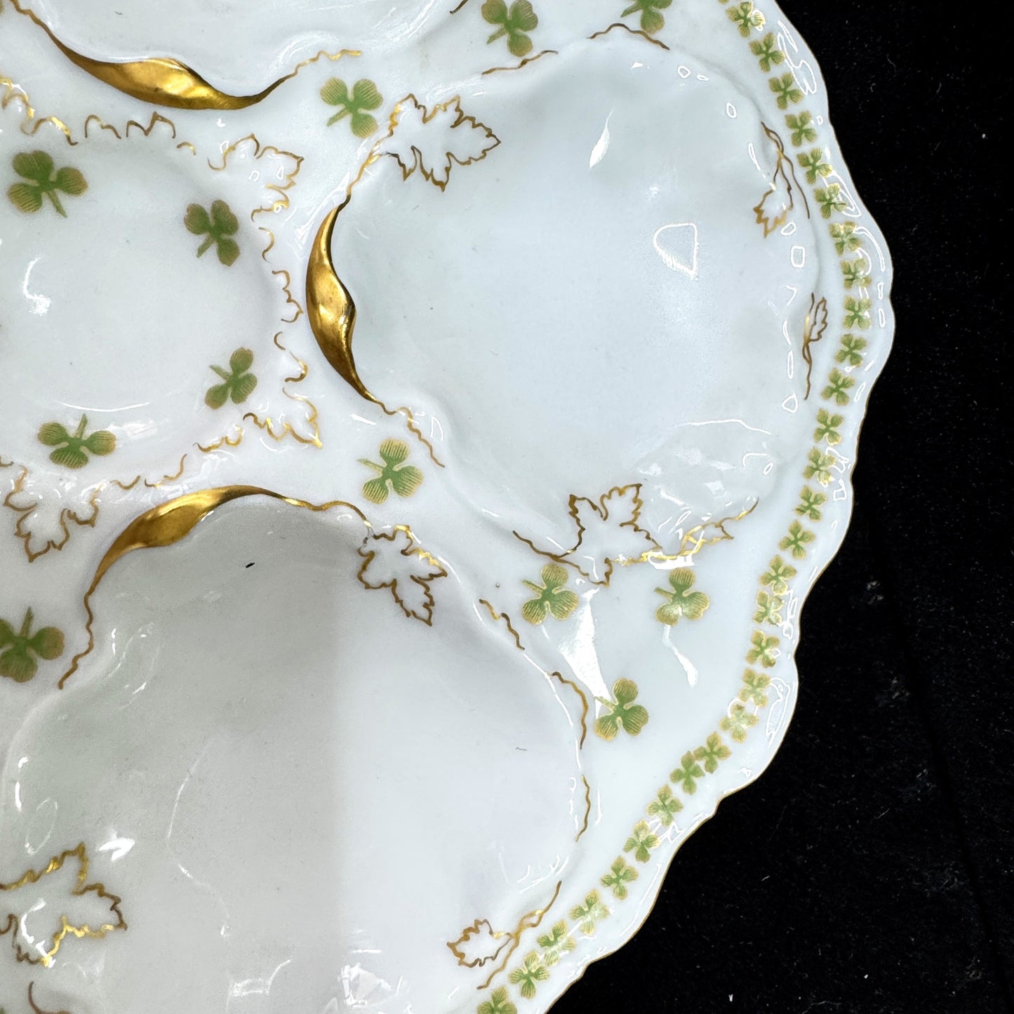 Antique T&V Limoges Venice Shamrock Five-Well Gilt Porcelain Oyster Plate A1168