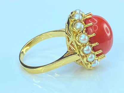 Art Deco 18K gold Coral Cabochon cultured seed Pearl ring