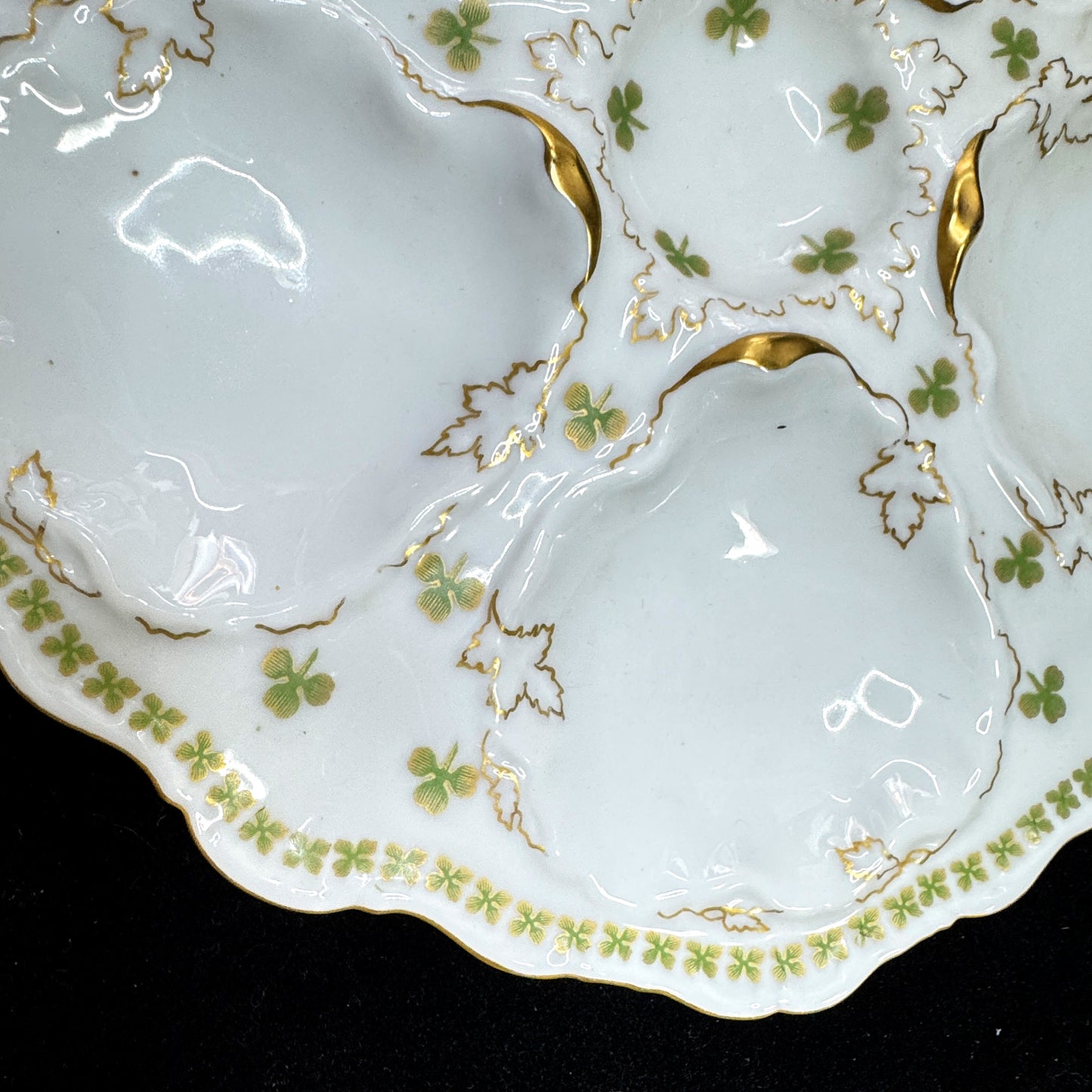 Antique T&V Limoges Venice Shamrock Five-Well Gilt Porcelain Oyster Plate A1168