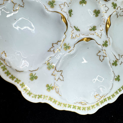 Antique T&V Limoges Venice Shamrock Five-Well Gilt Porcelain Oyster Plate A1168