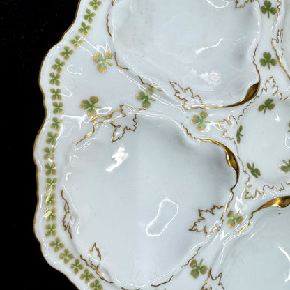 Antique T&V Limoges Venice Shamrock Five-Well Gilt Porcelain Oyster Plate A1168
