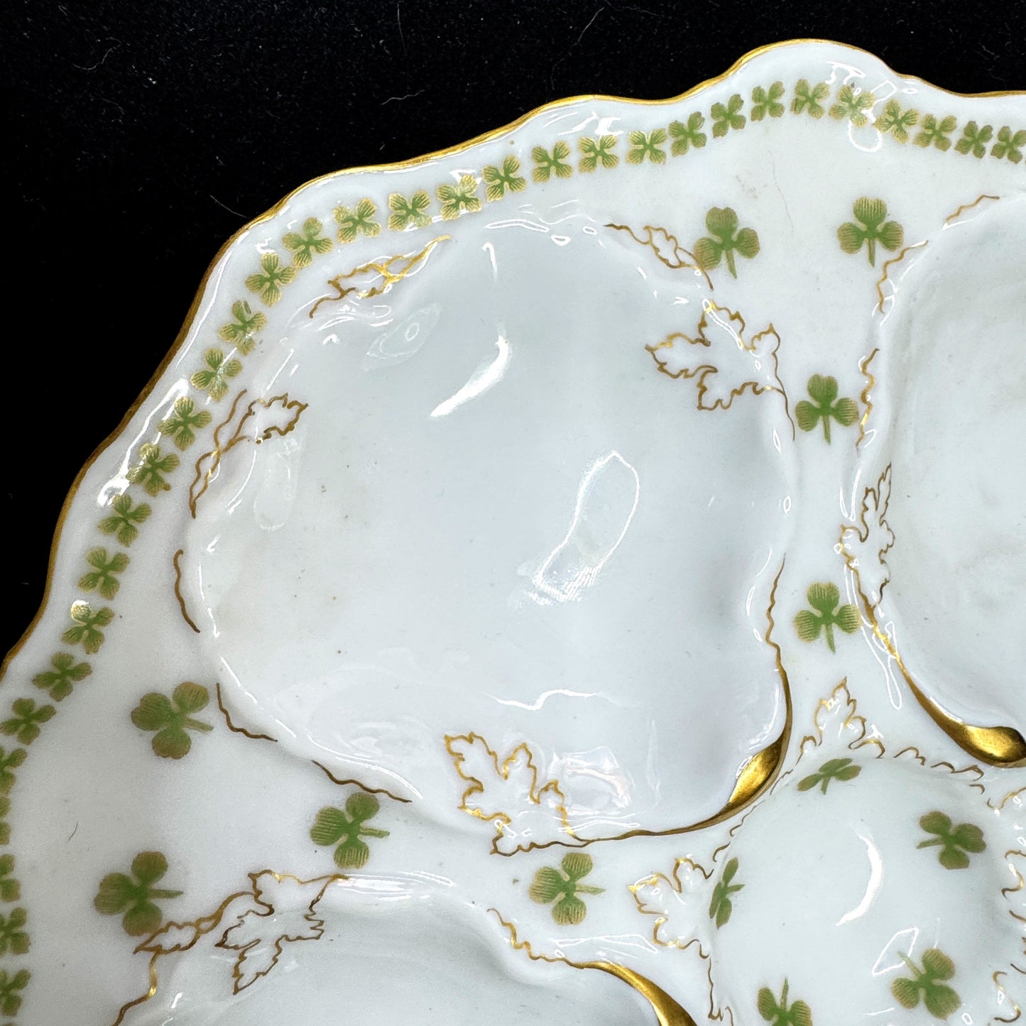 Antique T&V Limoges Venice Shamrock Five-Well Gilt Porcelain Oyster Plate A1168