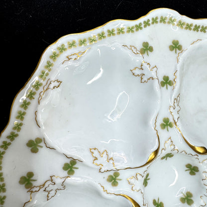 Antique T&V Limoges Venice Shamrock Five-Well Gilt Porcelain Oyster Plate A1168