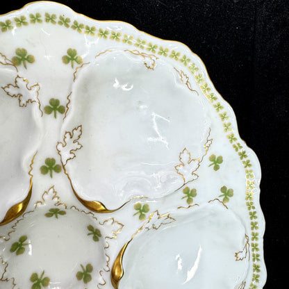Antique T&V Limoges Venice Shamrock Five-Well Gilt Porcelain Oyster Plate A1168