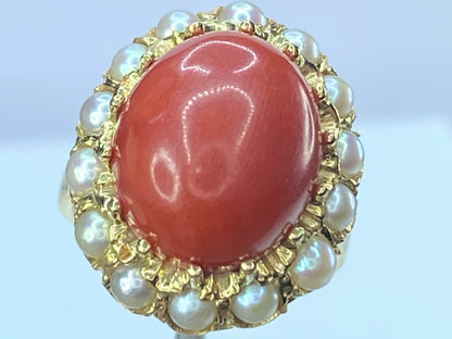 Art Deco 18K gold Coral Cabochon cultured seed Pearl ring