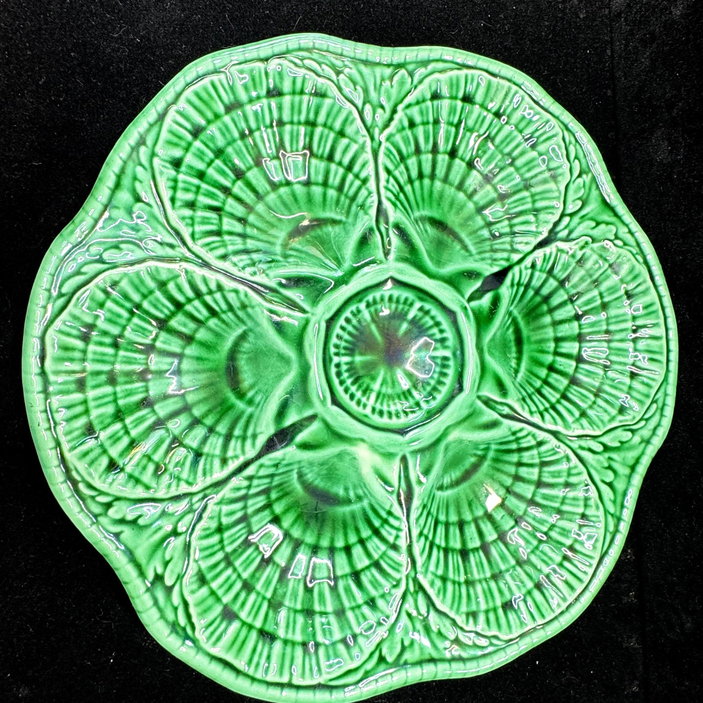 Vintage Sarreguemines French Green Majolica 6-Well Oyster Plate 9.75" A1169