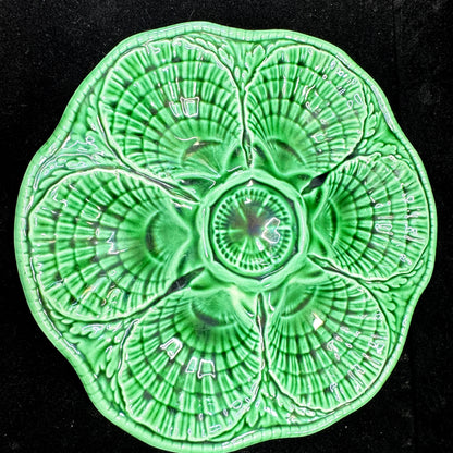 Vintage Sarreguemines French Green Majolica 6-Well Oyster Plate 9.75" A1169