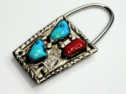 Vintage Sterling Turquoise Coral Padlock Charm Lock Pendant SS190