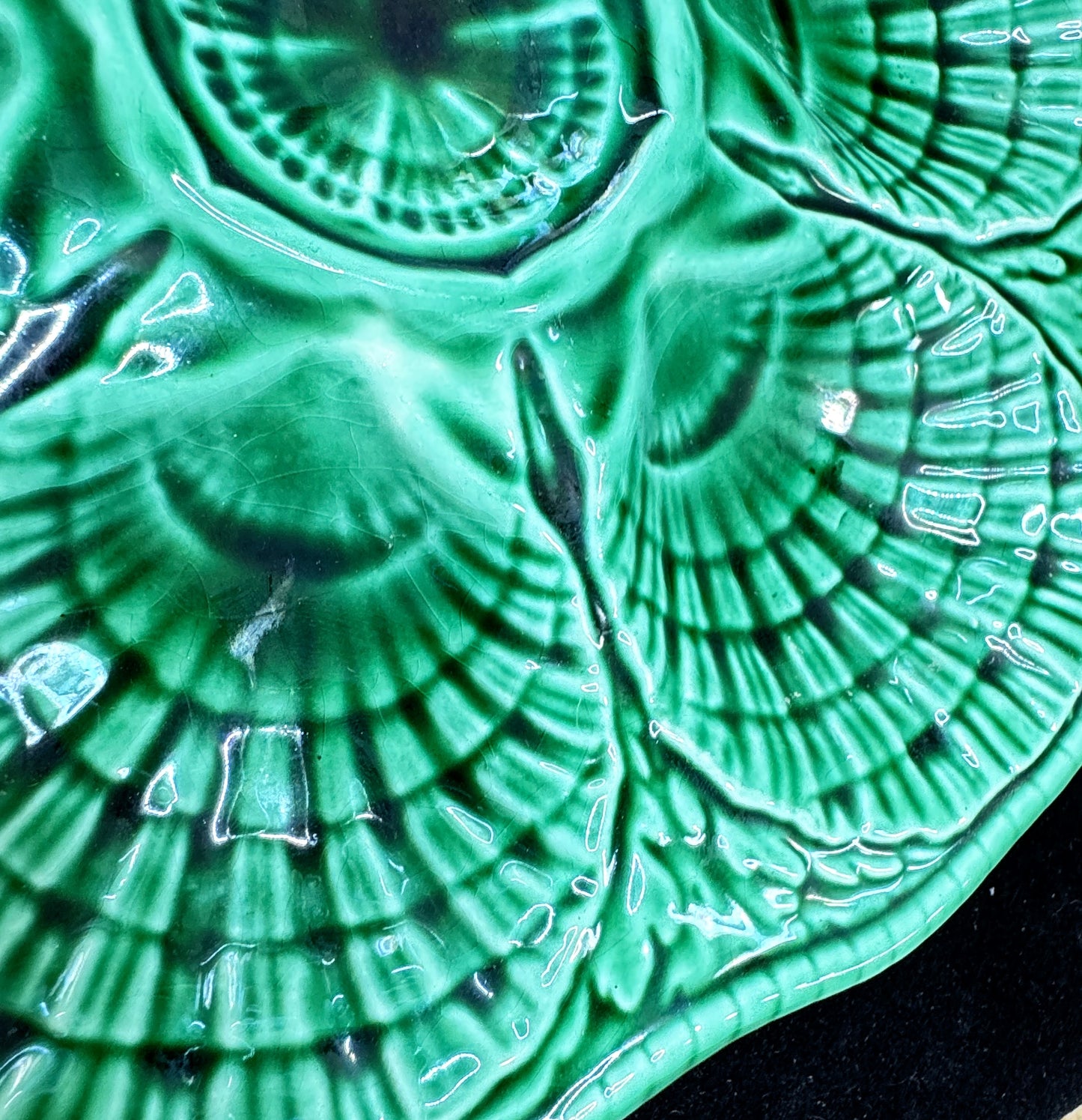 Vintage Sarreguemines French Green Majolica 6-Well Oyster Plate 9.75" A1169