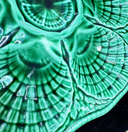 Vintage Sarreguemines French Green Majolica 6-Well Oyster Plate 9.75" A1169