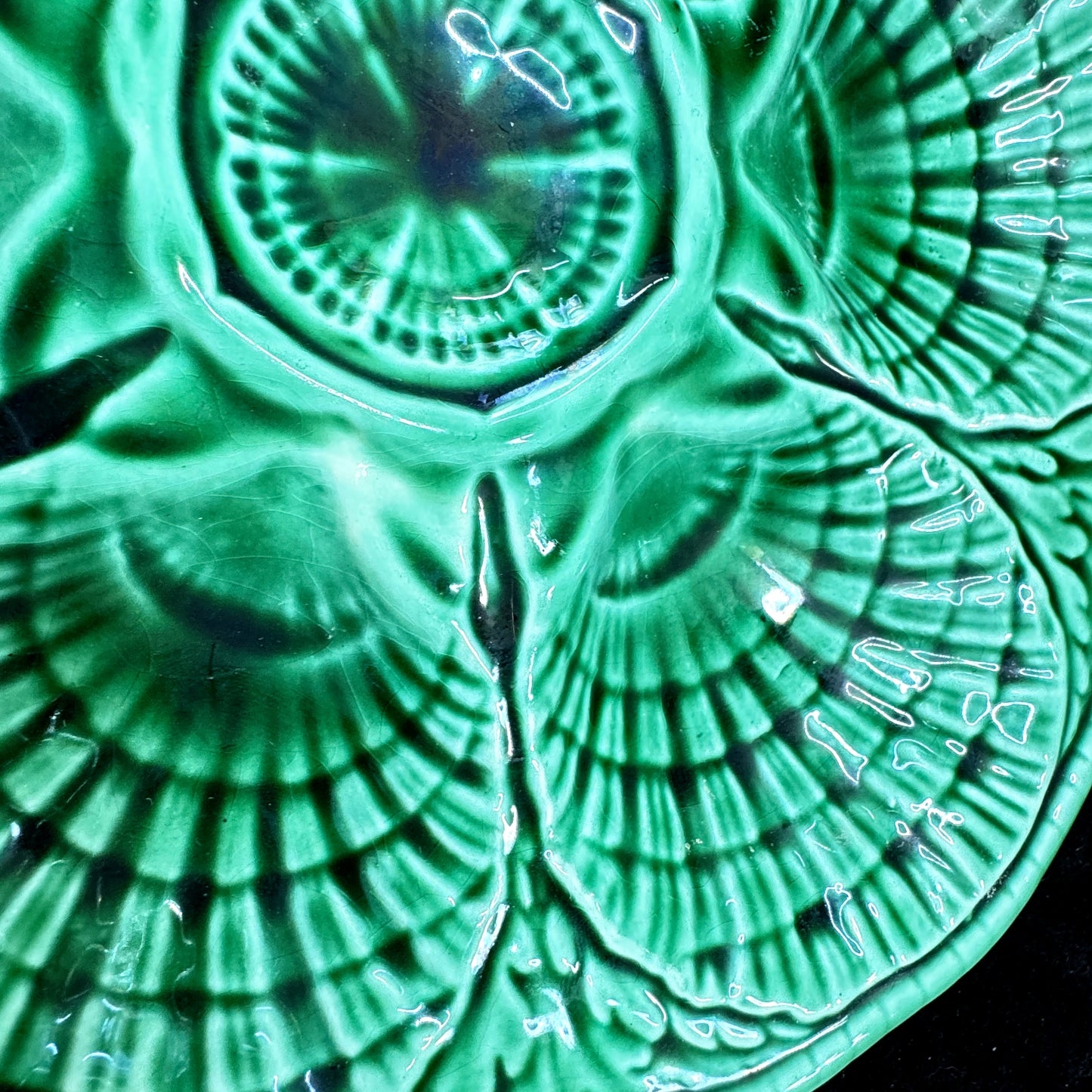 Vintage Sarreguemines French Green Majolica 6-Well Oyster Plate 9.75" A1169