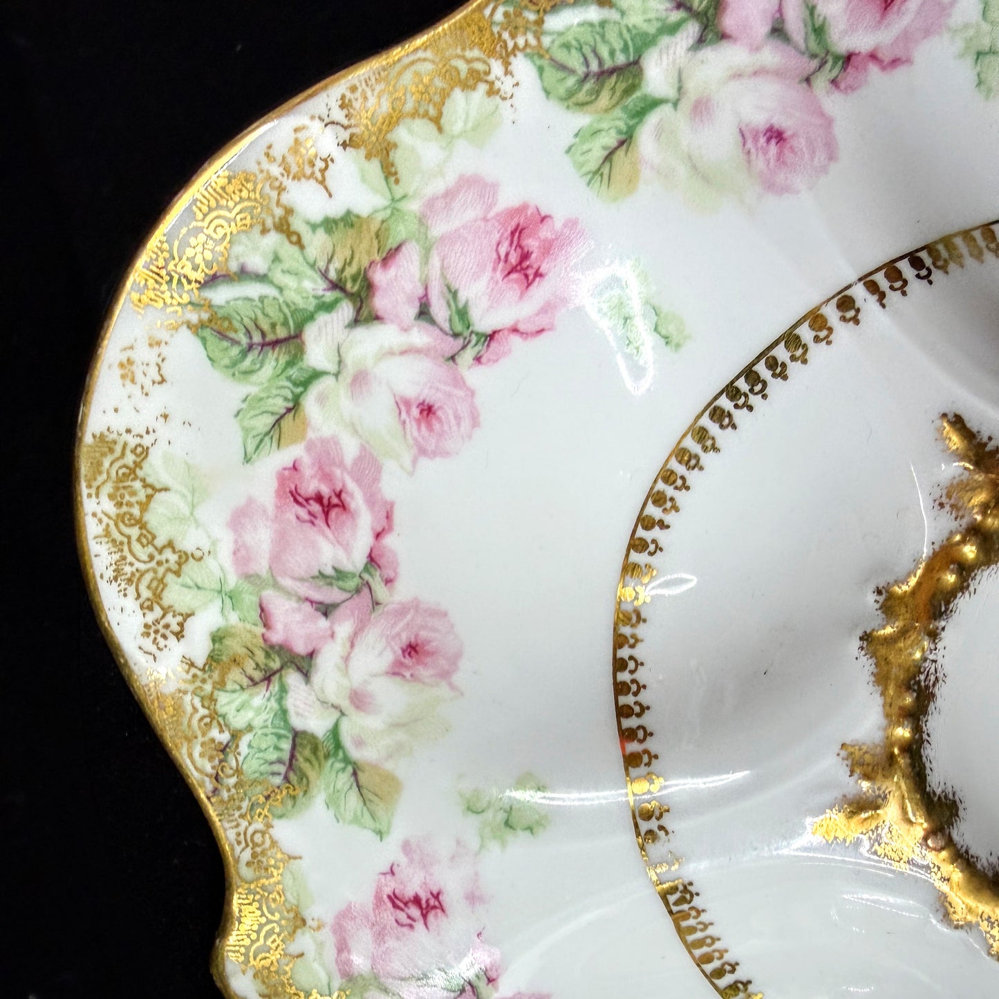 Antique Elite Works Limoges France Pink Rose Gold Scalloped Oyster Plate A1147