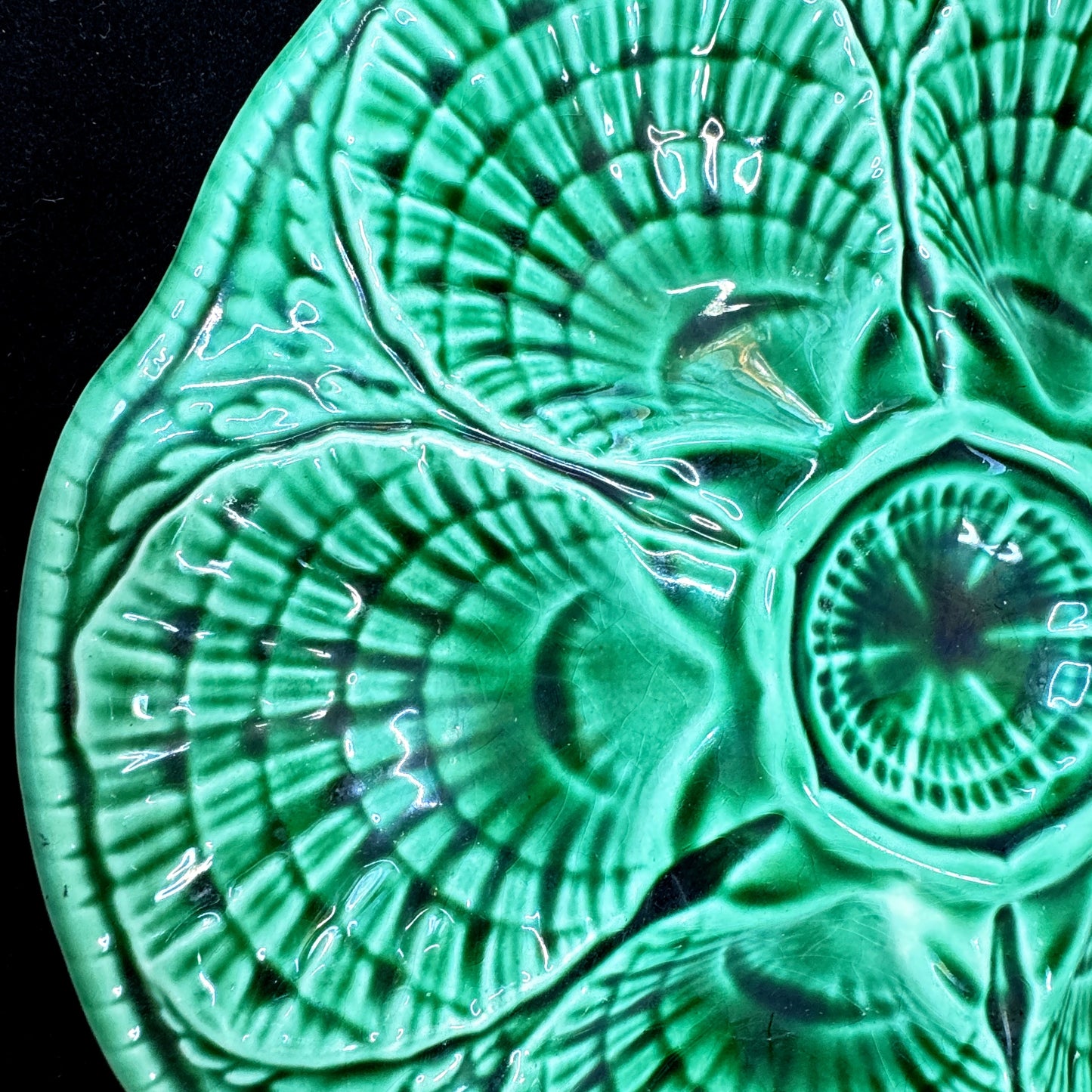 Vintage Sarreguemines French Green Majolica 6-Well Oyster Plate 9.75" A1169