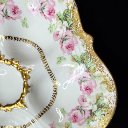 Antique Elite Works Limoges France Pink Rose Gold Scalloped Oyster Plate A1147