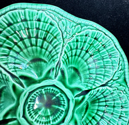 Vintage Sarreguemines French Green Majolica 6-Well Oyster Plate 9.75" A1169