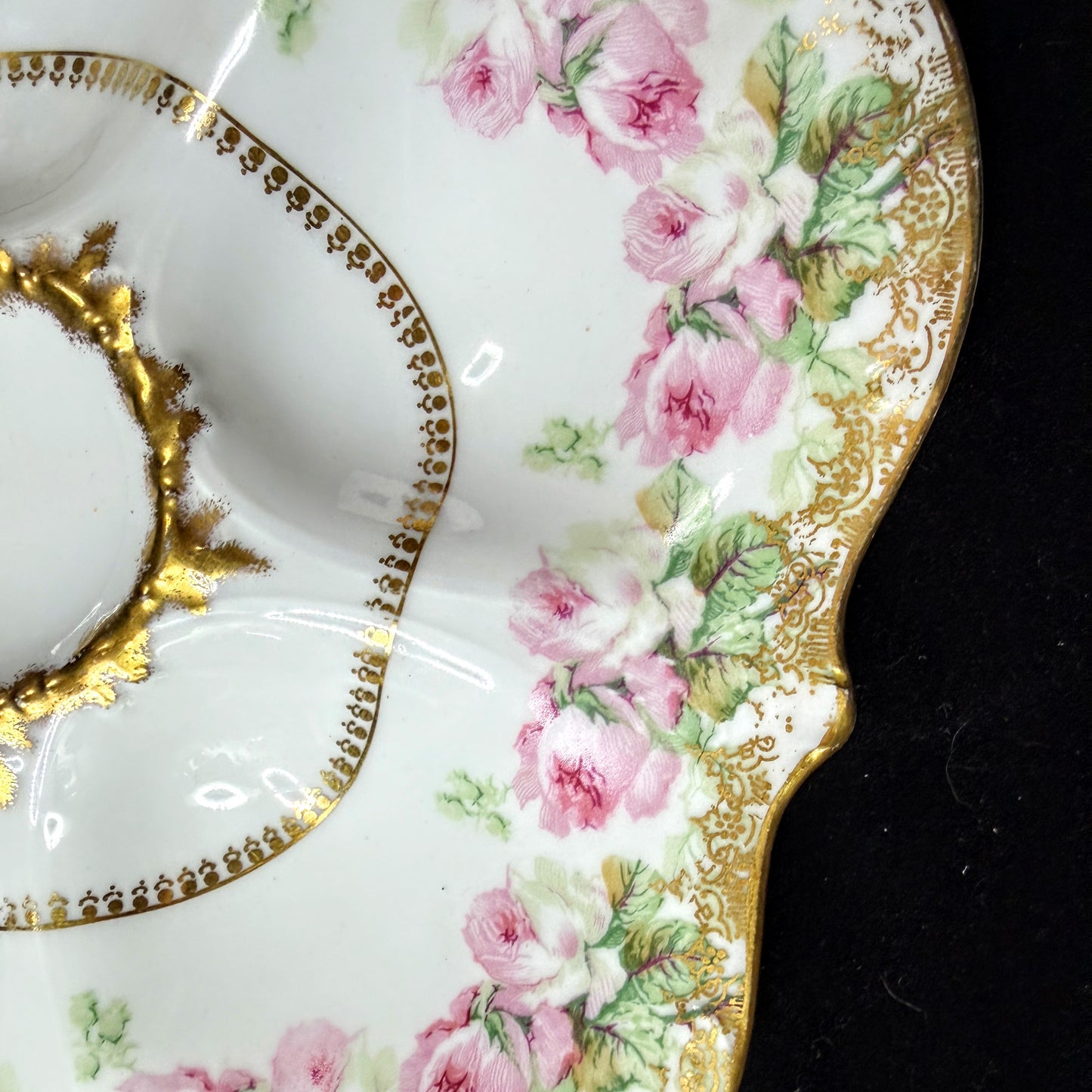 Antique Elite Works Limoges France Pink Rose Gold Scalloped Oyster Plate A1147