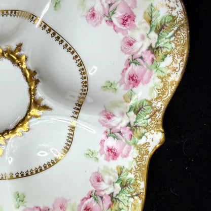 Antique Elite Works Limoges France Pink Rose Gold Scalloped Oyster Plate A1147