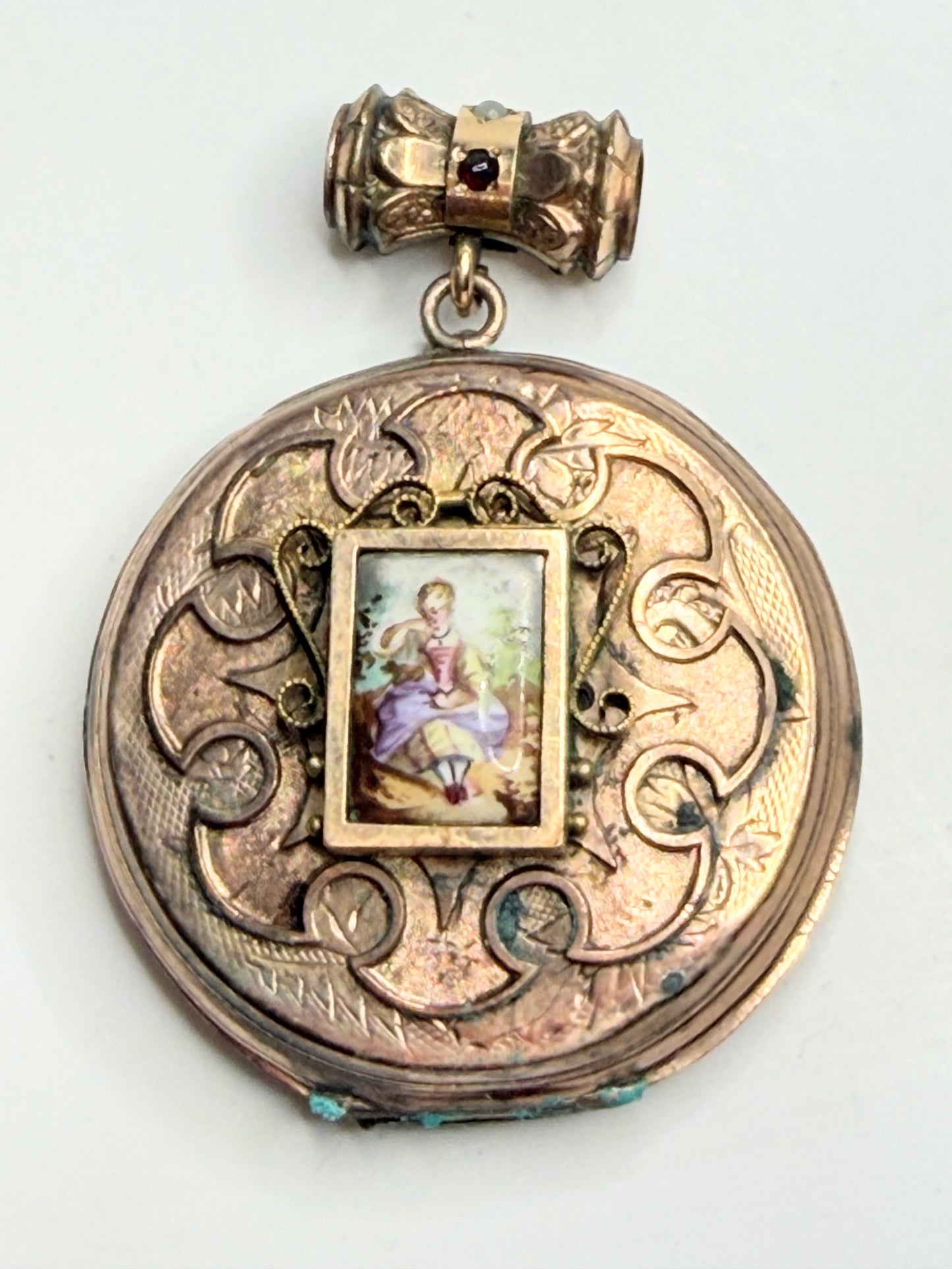 Antique 10K Gold Hand Painted Porcelain Locket Garnet Opal Bale JR1247