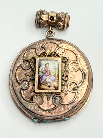 Antique 10K Gold Hand Painted Porcelain Locket Garnet Opal Bale JR1247