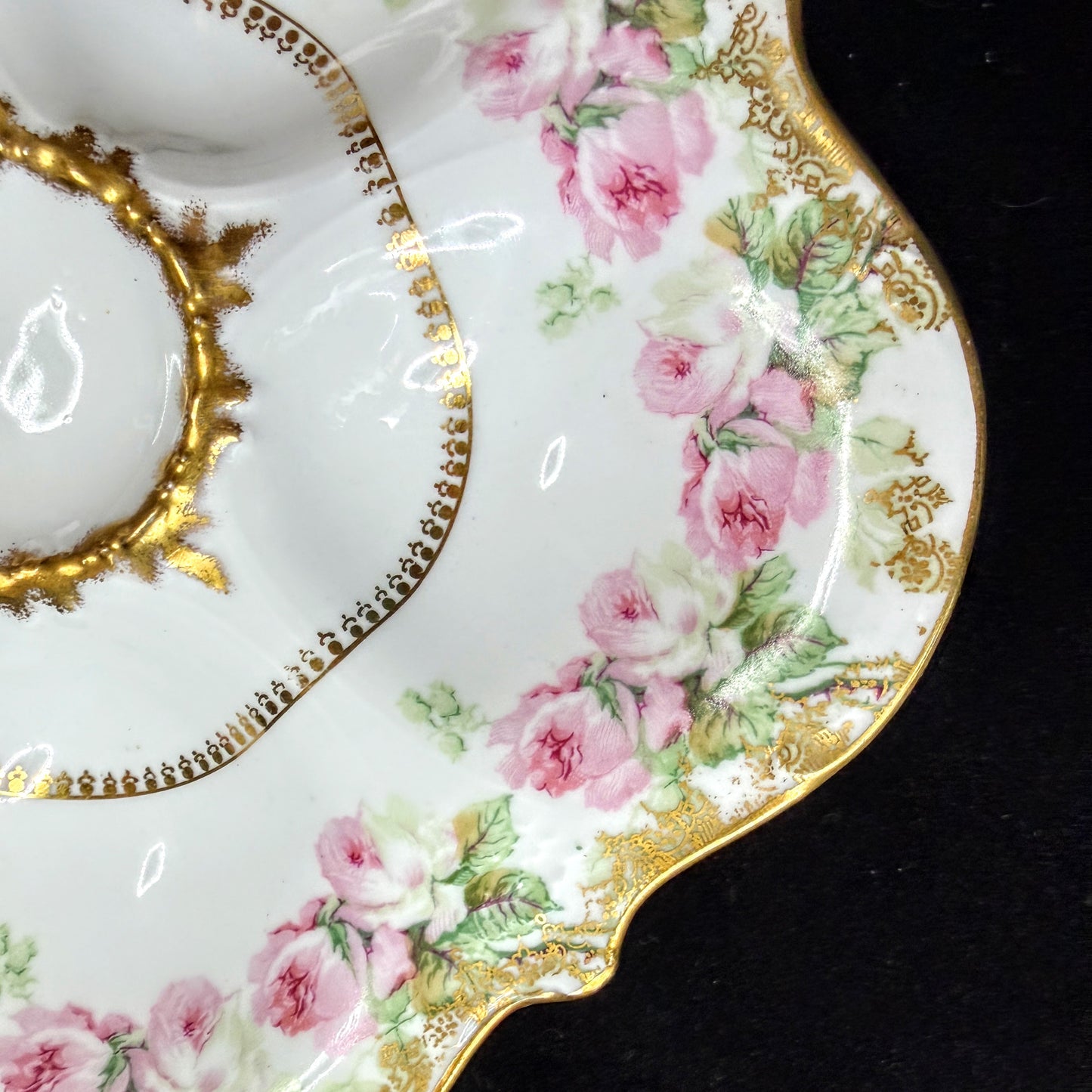 Antique Elite Works Limoges France Pink Rose Gold Scalloped Oyster Plate A1147
