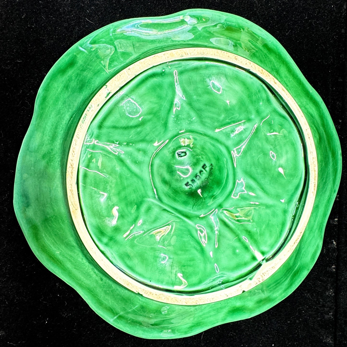 Vintage Sarreguemines French Green Majolica 6-Well Oyster Plate 9.75" A1169