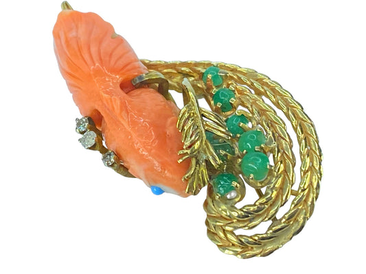 14k gold Coral fish Jade diamond turquoise brooch