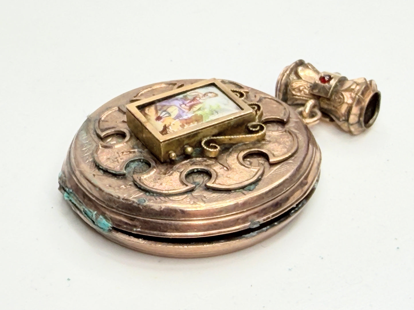 Antique 10K Gold Hand Painted Porcelain Locket Garnet Opal Bale JR1247