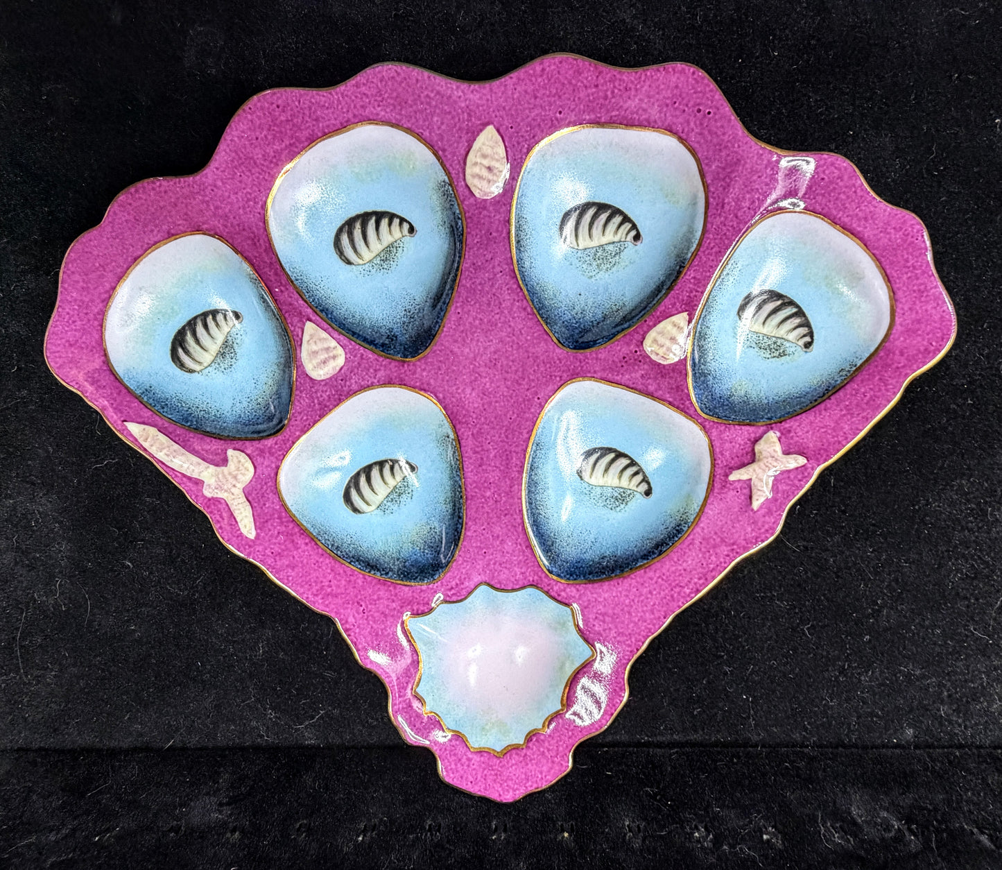 Antique Limoges Porcelain Oyster Plate Magenta Blue Shell Motif Six Wells A1148