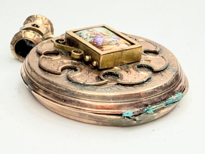 Antique 10K Gold Hand Painted Porcelain Locket Garnet Opal Bale JR1247