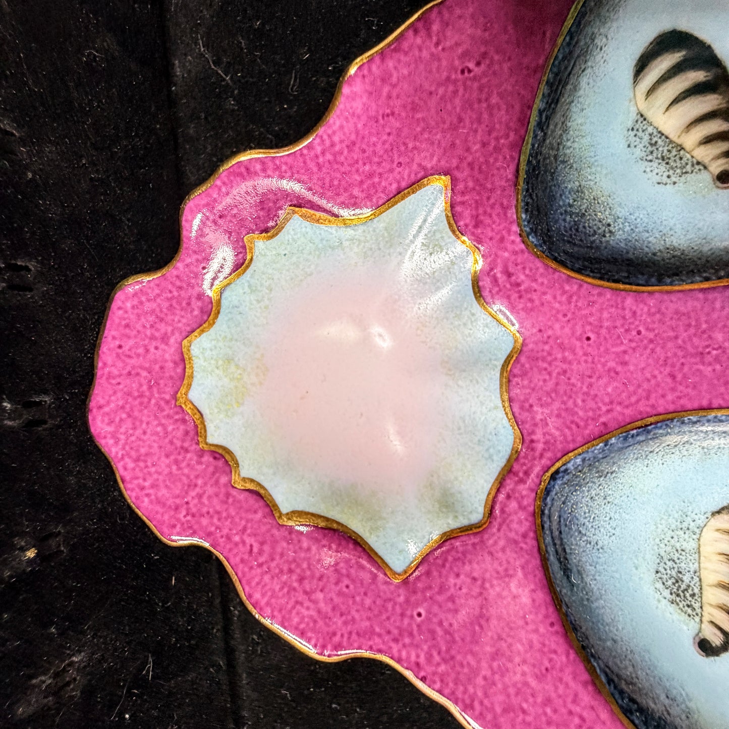 Antique Limoges Porcelain Oyster Plate Magenta Blue Shell Motif Six Wells A1148